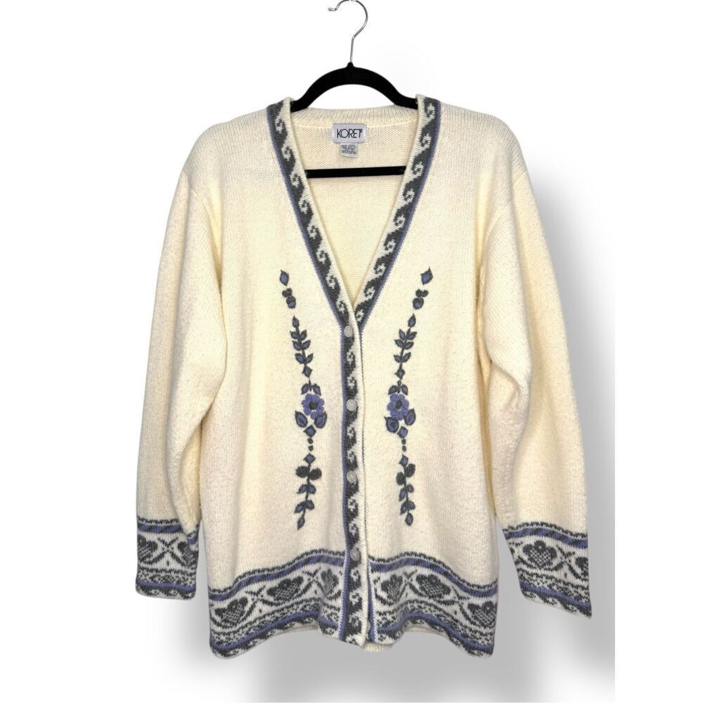 Vintage Koret Women’s Small Cardigan Sweater Cream Blue Floral‎ Embroidered 90s